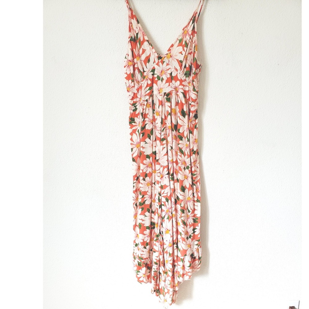 Angie Womens M Orange Daisy Floral Print Wide Leg Jumpsuit Smocked Bohemian Boho - Picture 10 of 10